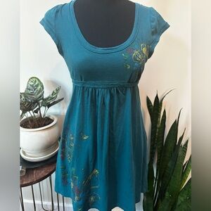 Blue baby doll dress with rainbow prints